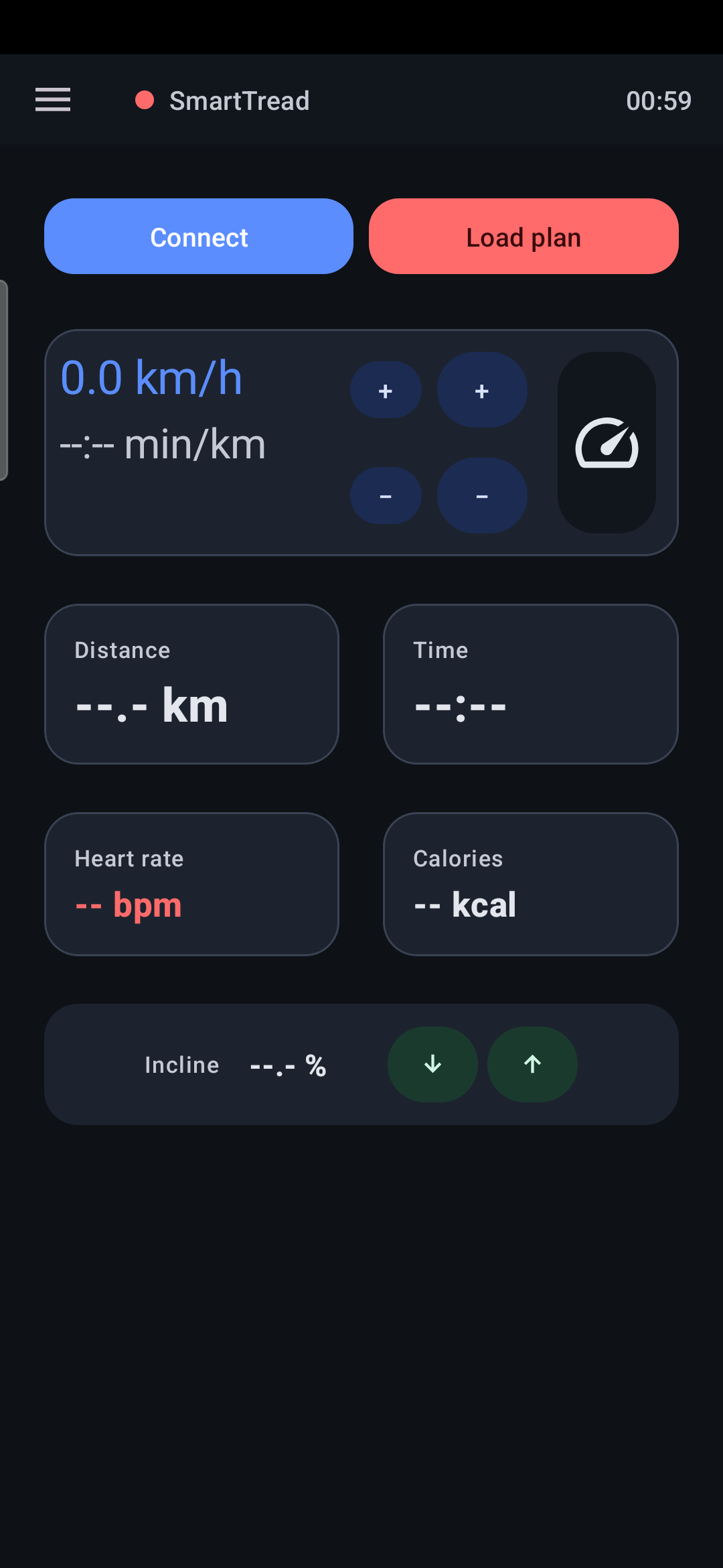 Main treadmill control screen with speed, incline and run controls