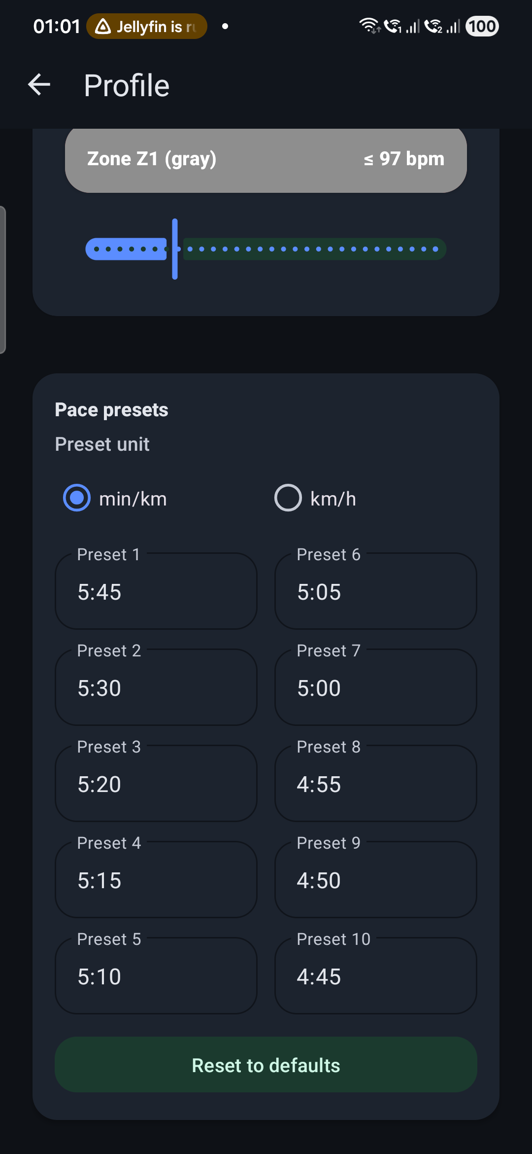 Heart-rate profile setup screen with zone parameters